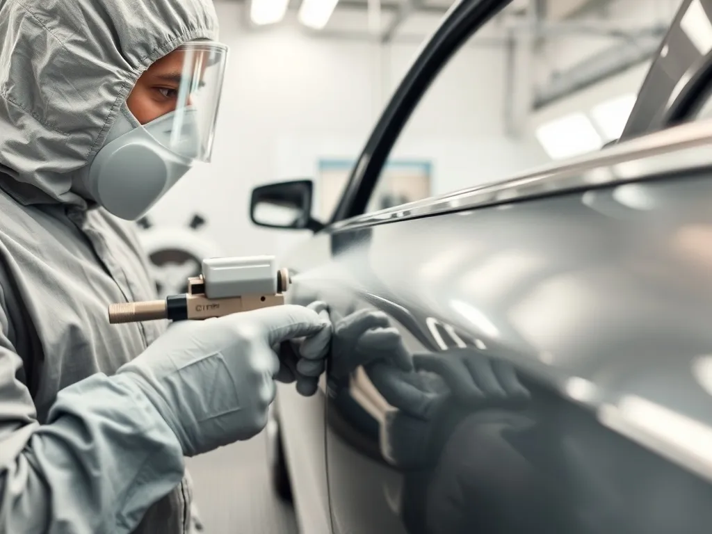 Lakiernik w kombinezonie nanoszący metaliczny lakier na drzwi auta w profesjonalnej, nowoczesnej lakierni