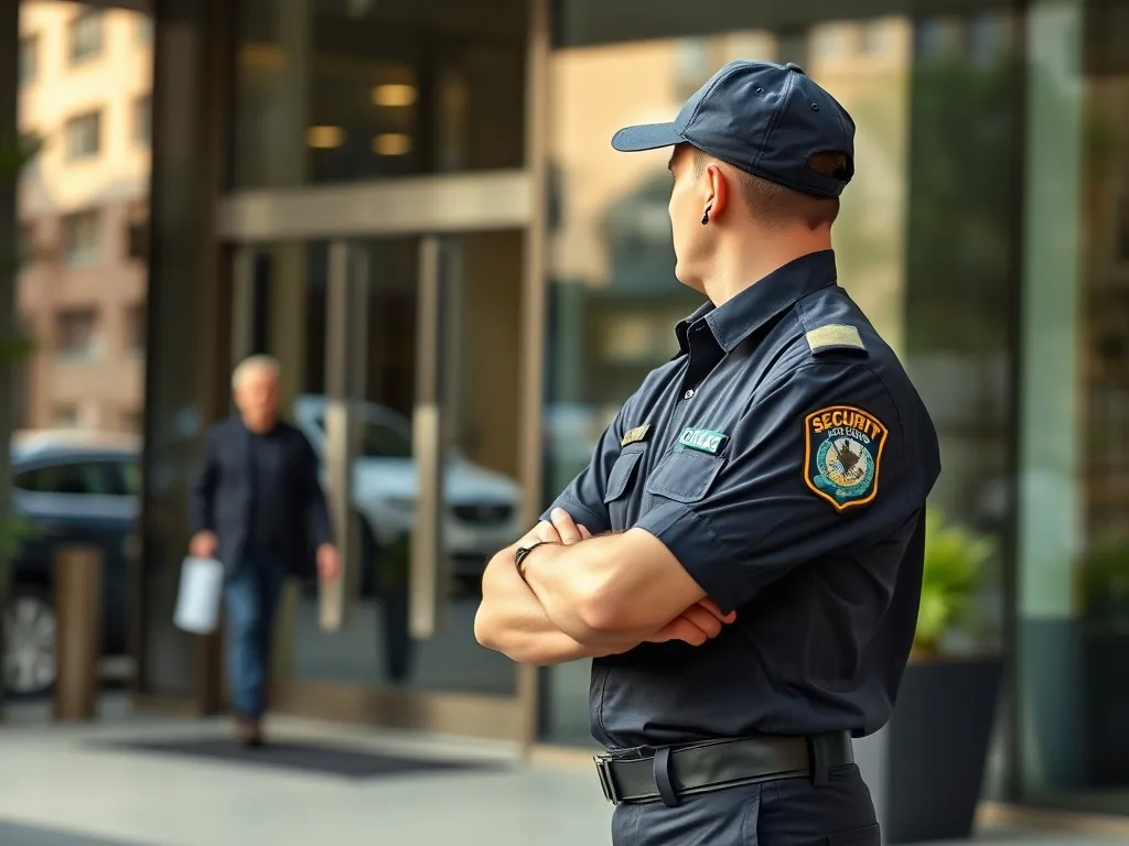 Ochroniarz w mundurze przy wejściu do nowoczesnego biurowca, symbolizujący zawód i warunki pracy w ochronie