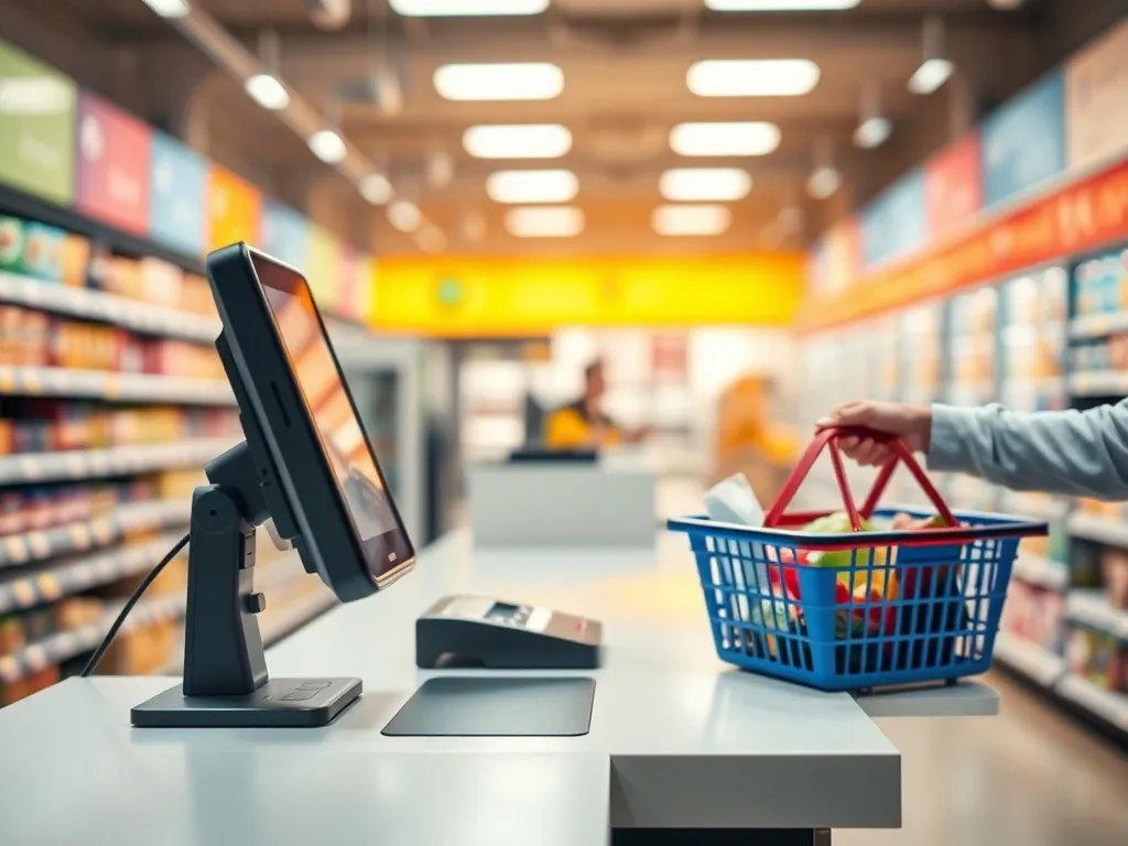Kasjer w nowoczesnym sklepie samoobsługowym skanuje produkty przy kasie, symbolizując pracę w sieci Żabka.