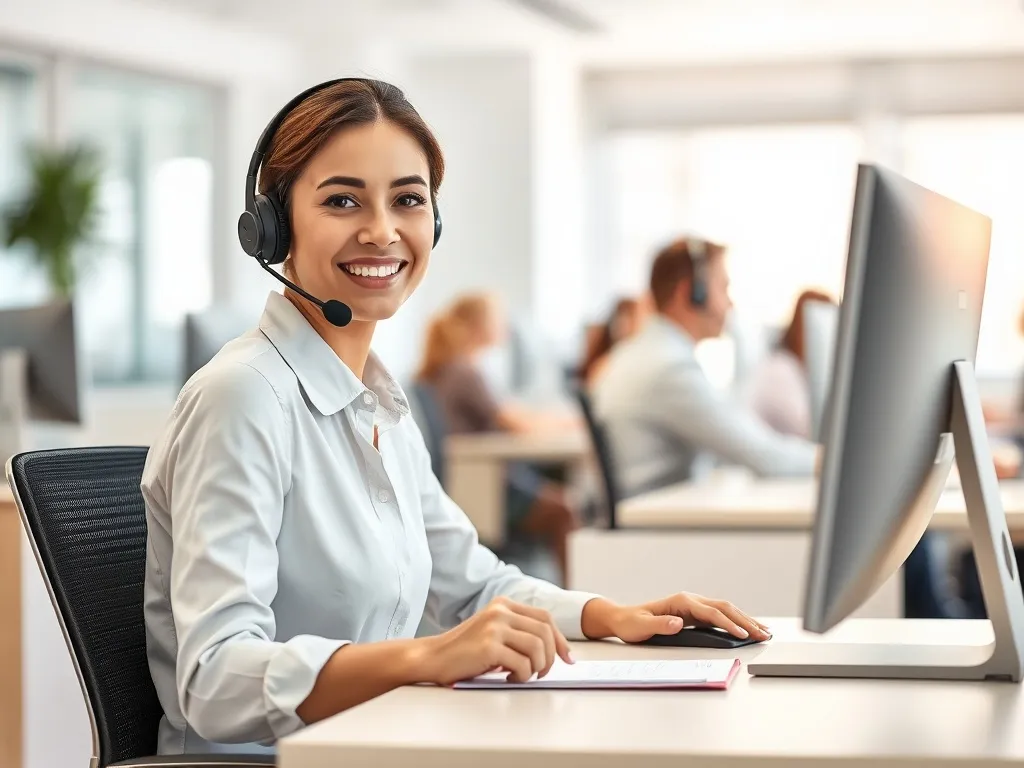Ankieter w słuchawkach prowadzi wywiad telefoniczny przy komputerze, ilustrując badania ankietowe CATI w call center