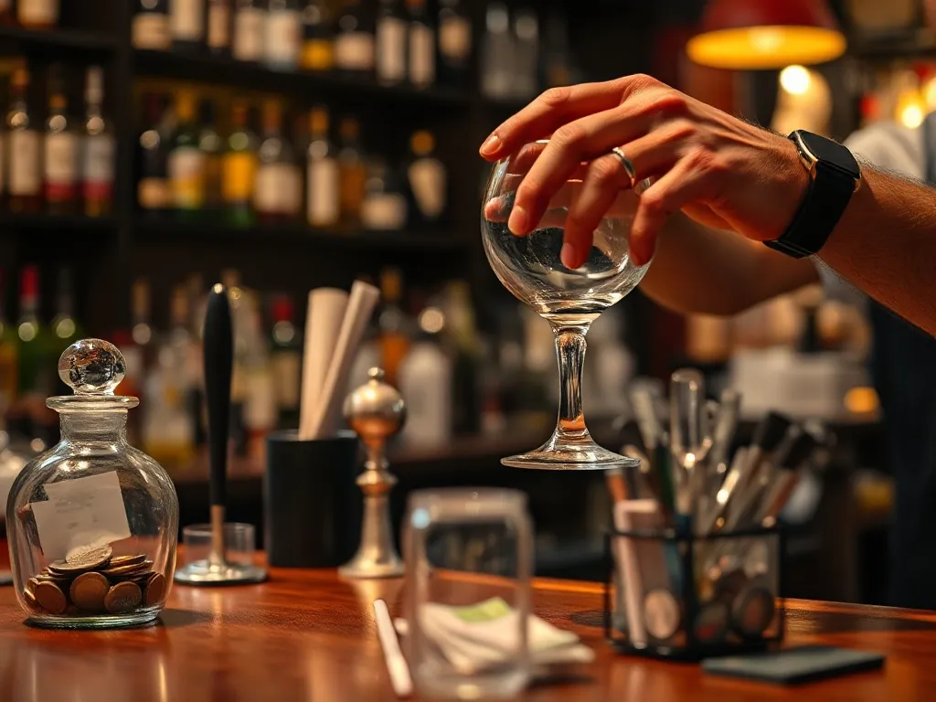 Barman poleruje kieliszek przy drewnianym barze, na blacie słoik z napiwkami i narzędzia barmańskie w przytulnym wnętrzu.
