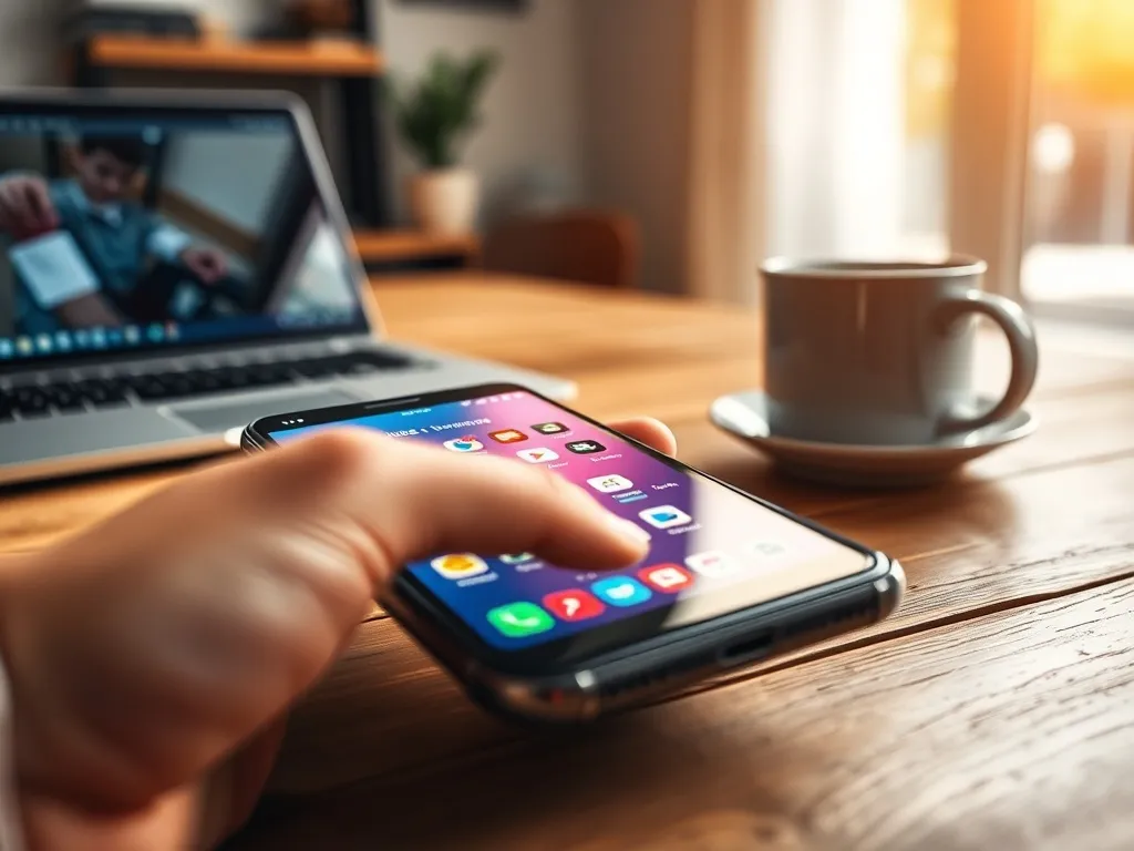 Smartfon z kolorowym feedem social mediów pełnym powiadomień, symbolizujący viralowe treści w sieci