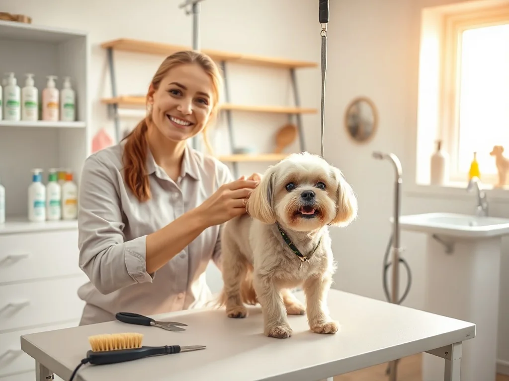 Groomer szczotkuje zadbanego małego psa w nowoczesnym, jasnym salonie, podkreślając profesjonalizm i przyjazną atmosferę.