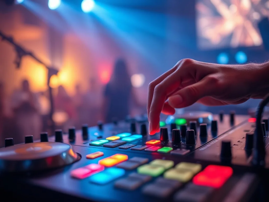 Dłoń DJ-a przy konsolecie mikserskiej w klubie, kolorowe lampki LED i rozmyty tłum w tle, atmosfera imprezy i pracy DJ-a