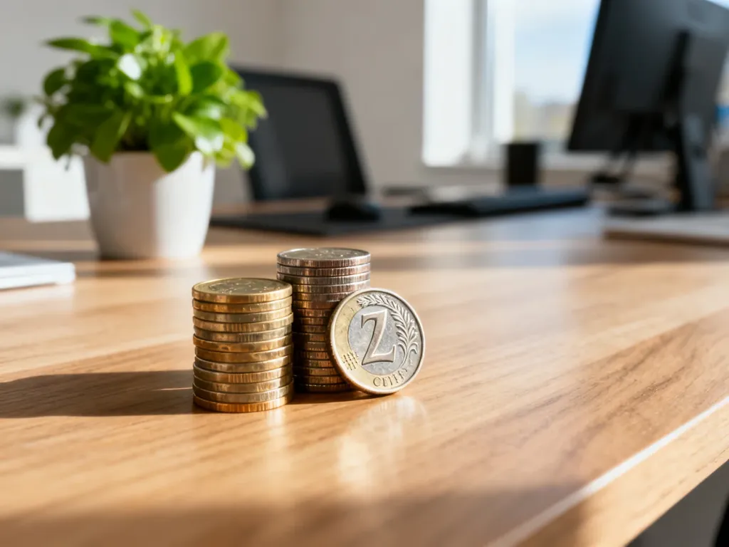 Stos monet euro i złotówek na biurku, symbolizujący planowanie finansów i obliczenia wynagrodzenia.