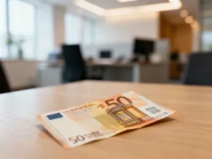 Metalowa moneta euro na drewnianym stole na tle rozmytych wykresów finansowych, symbolizująca przelicznik walut.