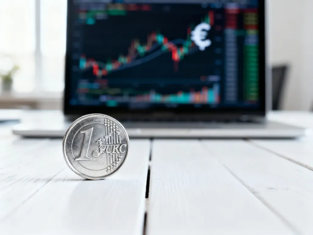 Metalowa moneta euro na drewnianym stole na tle rozmytych wykresów finansowych, symbolizująca przelicznik walut.