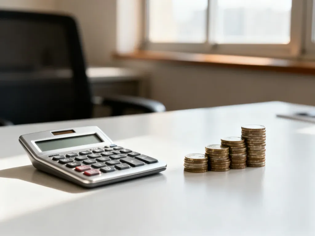 Minimalistyczne biurko z kalkulatorem i monetami, symbolizujące obliczenia finansowe i planowanie budżetu.