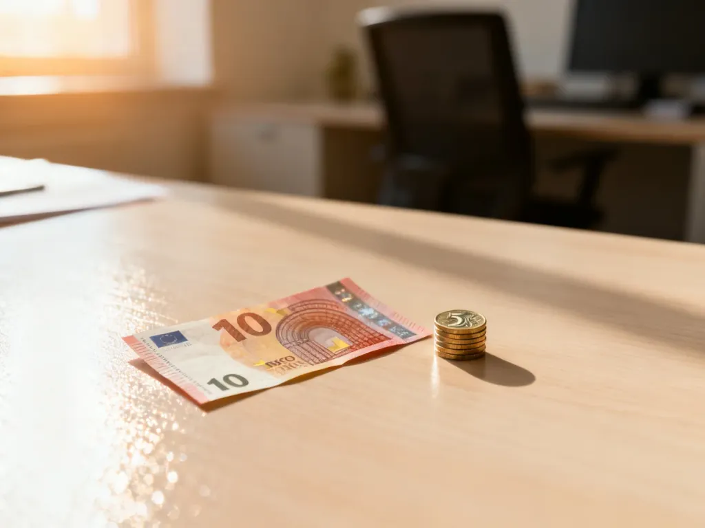 Banknot 10 euro obok polskich monet na drewnianym biurku, ilustrujący przelicznik walut.