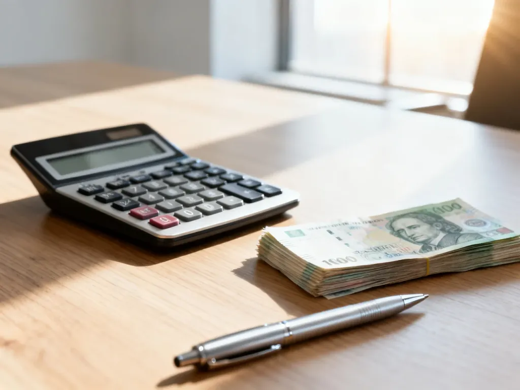 Kalkulator, banknoty i długopis na biurku, symbolizujące obliczenia finansowe i planowanie wynagrodzenia.