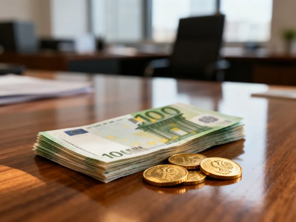 Stos banknotów euro obok polskich monet na drewnianym biurku, ilustrujący przelicznik walut.