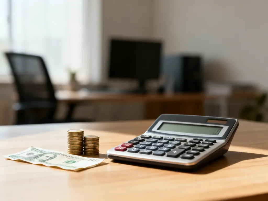 Kalkulator, monety i banknot na biurku, symbolizujące obliczenia finansowe i planowanie budżetu domowego.