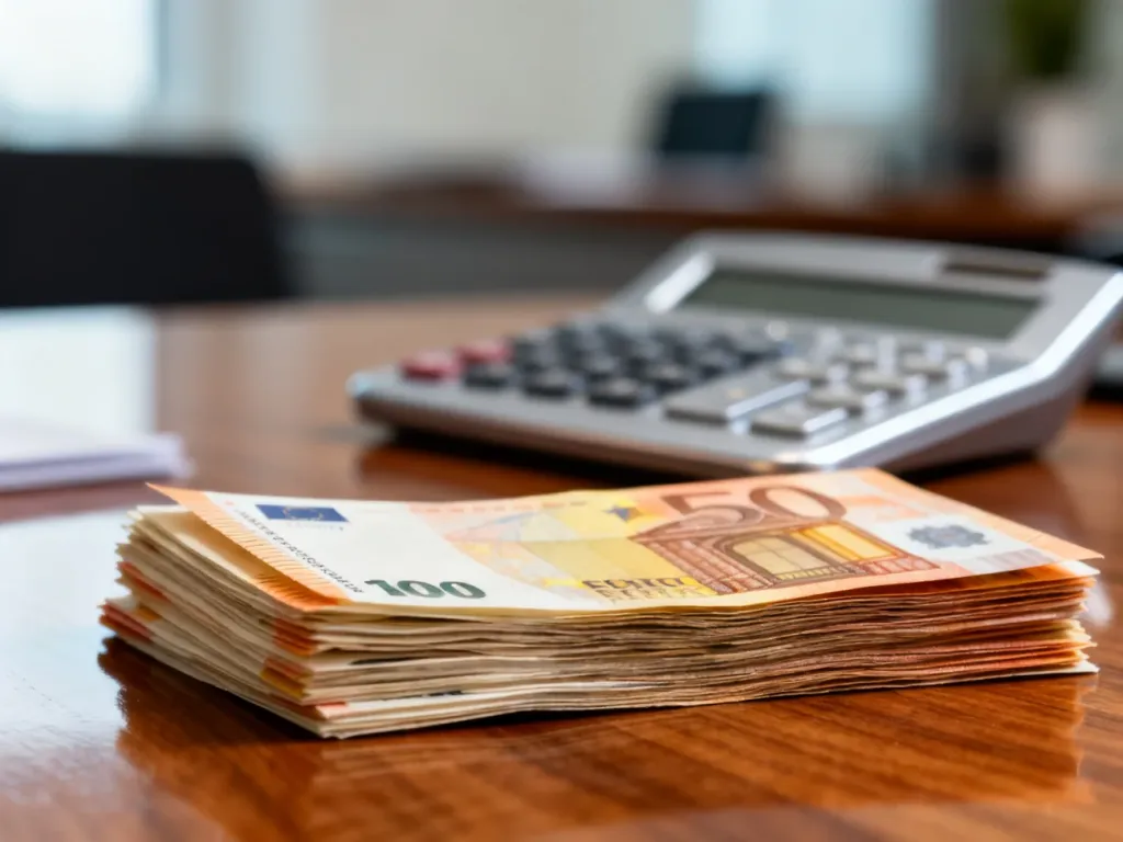 Stos banknotów euro na drewnianym biurku obok kalkulatora, symbolizujący przeliczanie walut i finanse.