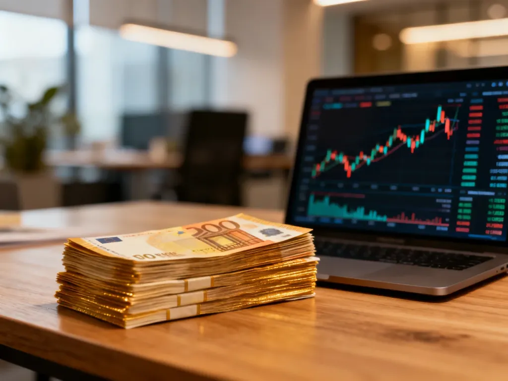 Stos banknotów euro na drewnianym biurku w tle z rozmytym wykresem giełdowym na ekranie laptopa.