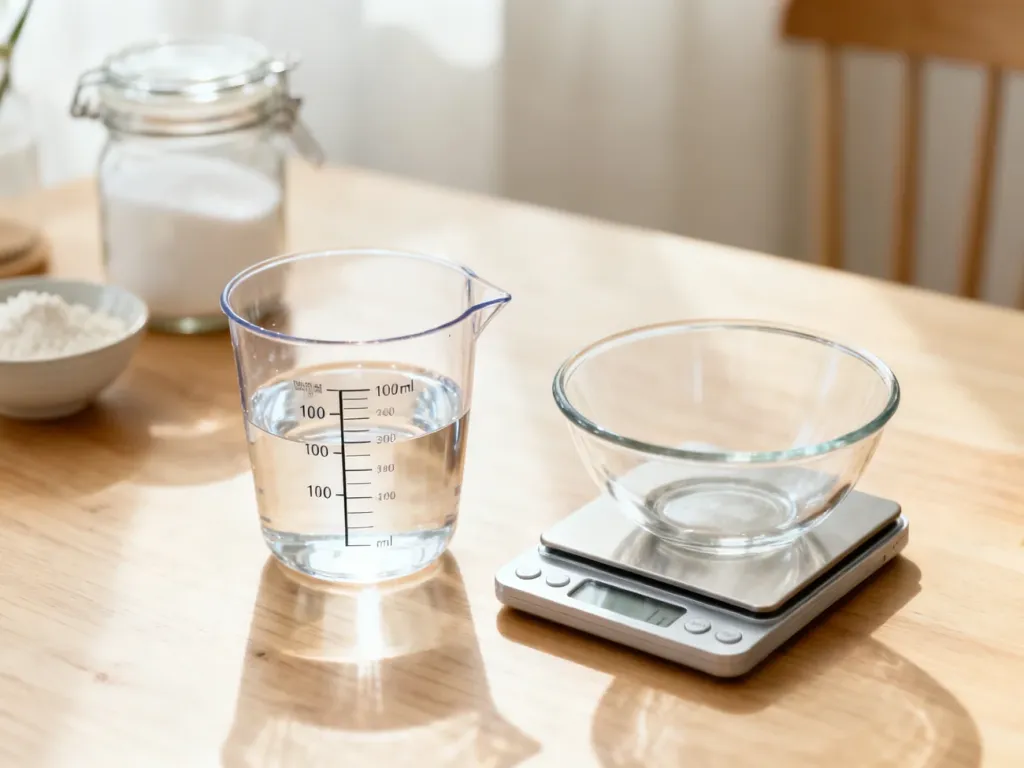 Miarka kuchenną z wodą 100 ml obok wagi z pustą miską, ilustrująca przeliczanie mililitrów na gramy w kuchni.
