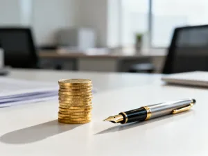 Kalkulator, monety i długopis na drewnianym biurku, symbolizujące obliczenia finansowe i planowanie budżetu.