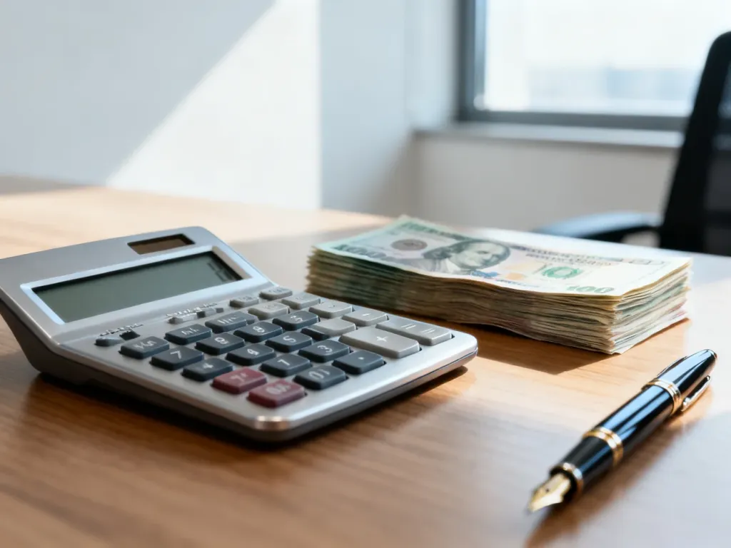 Kalkulator i pieniądze na biurku, symbolizujące obliczenia finansowe i planowanie budżetu.