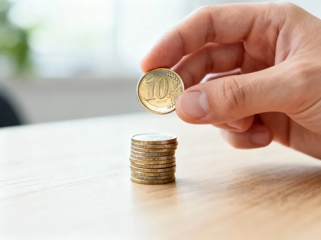 Dłoń trzymająca monetę 10 eurocentów obok stosiku złotówek, ilustrująca porównanie i przeliczanie walut.