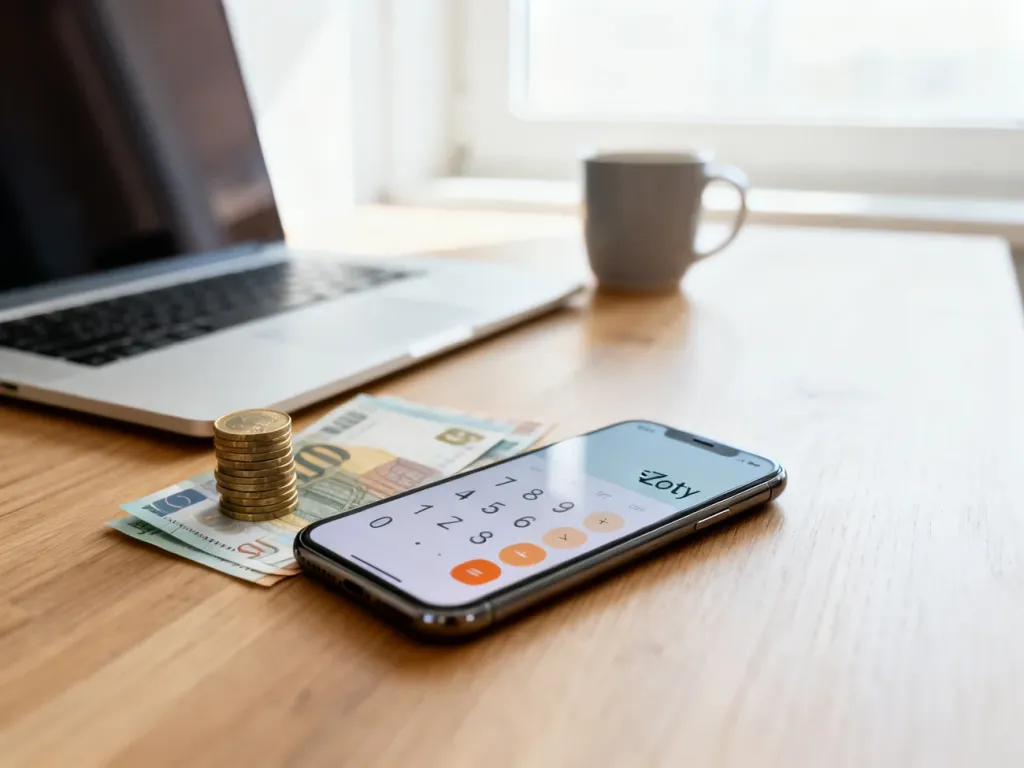 Smartfon z kalkulatorem walut przeliczającym euro na złotówki, obok monety i banknoty euro na biurku w domowym biurze.