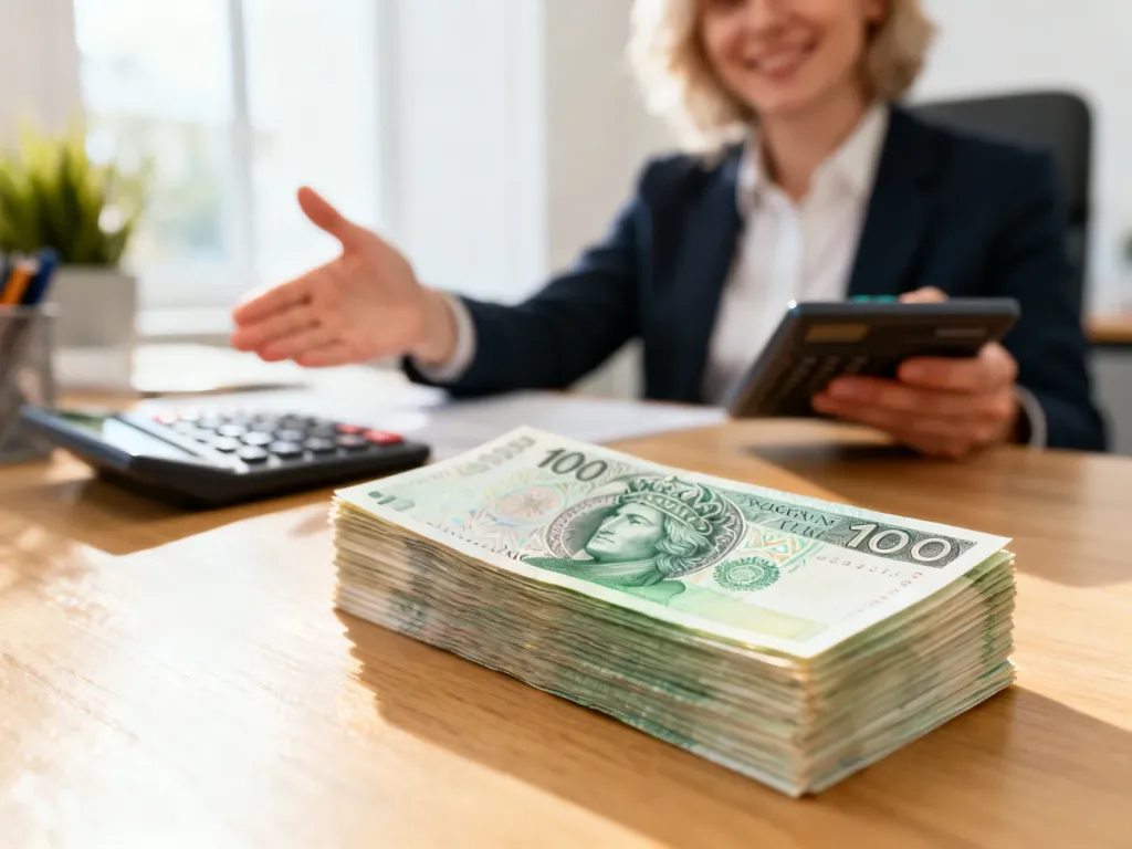 Stos banknotów o nominale 100 zł na biurku oraz osoba z kalkulatorem w tle, ilustrujące przeliczanie wartości pieniądza.