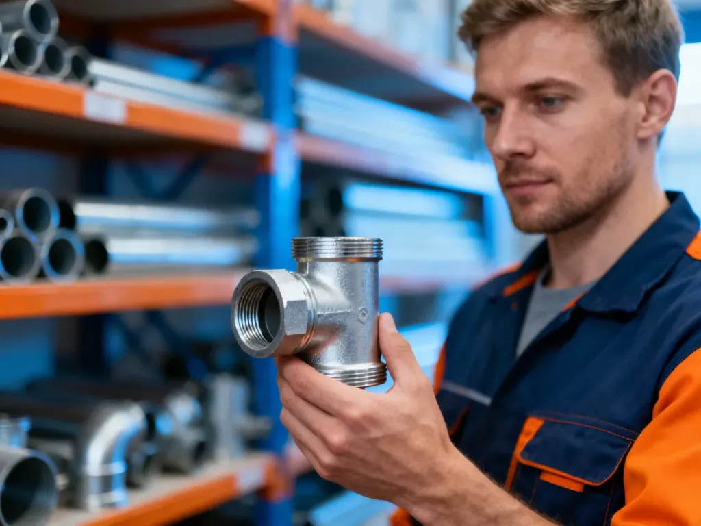Hydraulik w profesjonalnym warsztacie trzymający stalową złączkę rurową, gotowy do montażu instalacji.