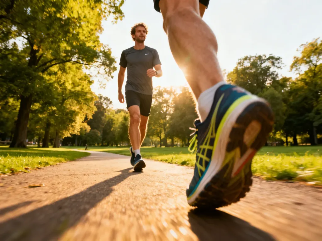Mężczyzna w stroju sportowym spacerujący alejką w zielonym parku, z widocznymi w ruchu butami do biegania.