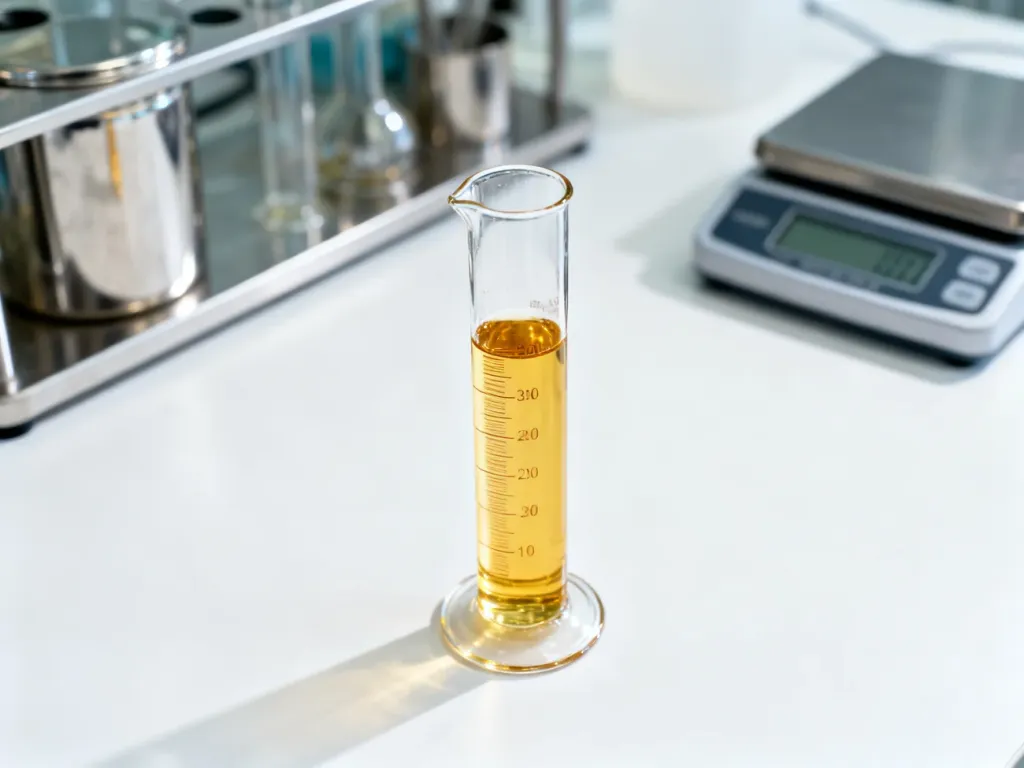 Szklany cylinder z olejem napędowym na laboratoryjnym stole, ilustrujący pomiar gęstości paliwa.