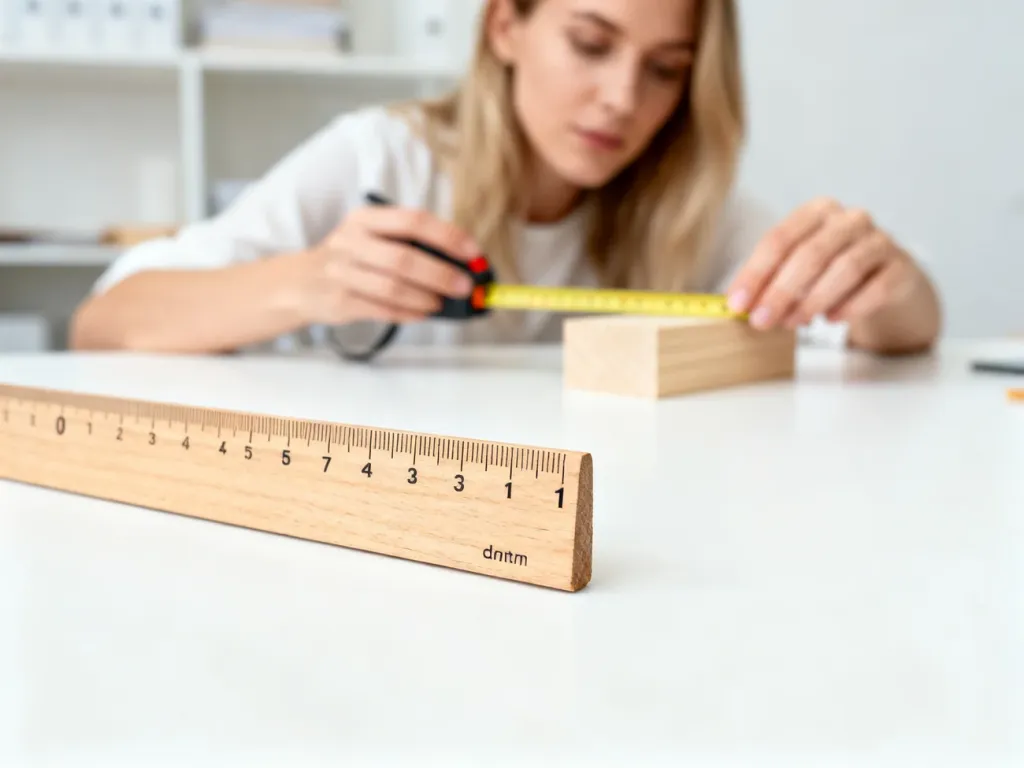 Drewniana linijka na biurku wskazująca jeden decymetr, w tle osoba mierząca drewniany klocek.