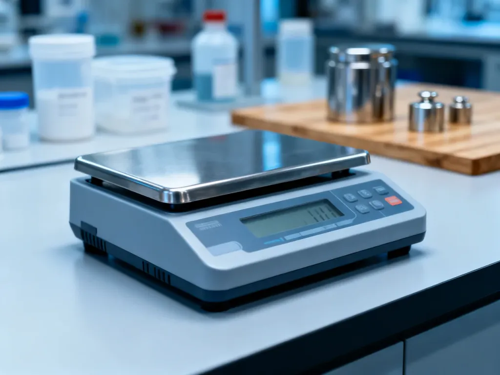 Nowoczesna waga przemysłowa na laboratoryjnym stole, ilustrująca precyzyjne odmierzanie masy w jednostkach metrycznych.