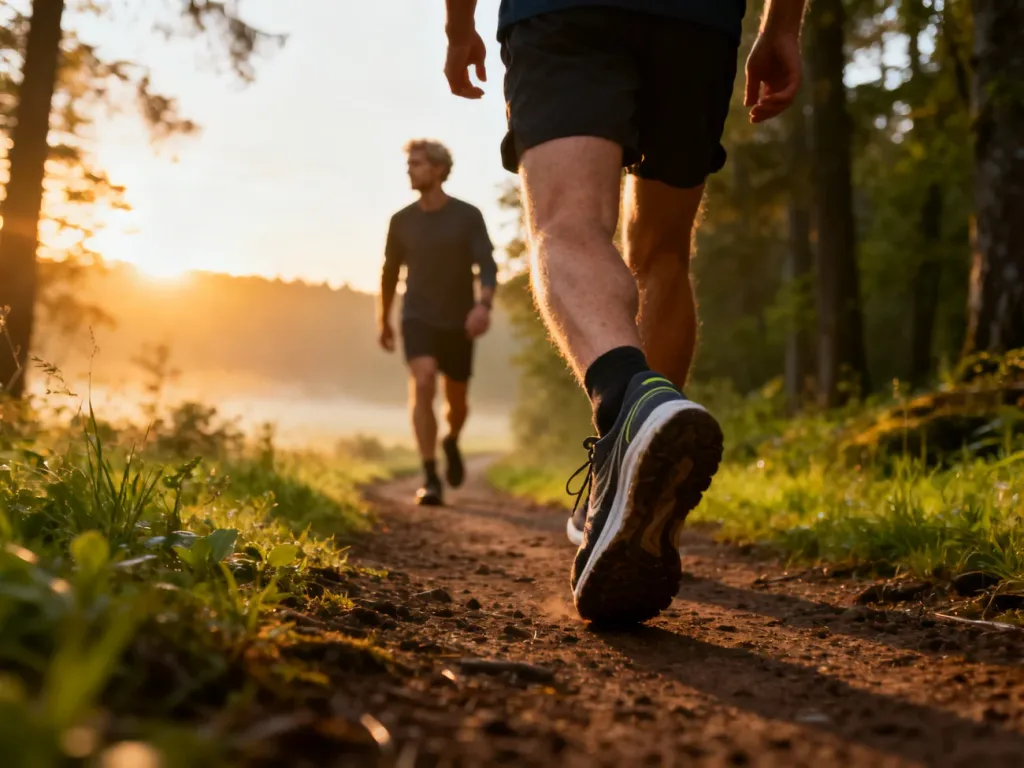 Mężczyzna w sportowym obuwiu spaceruje leśną ścieżką o wschodzie słońca, co ilustruje aktywność fizyczną i pokonywanie dystansu.